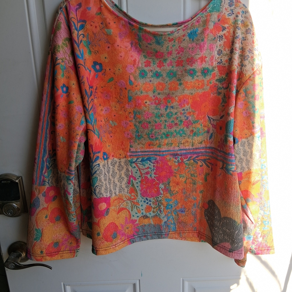 Women's Orange Multicolor Floral Patchwork Pullover Sweatshirt